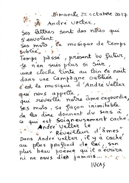 Poème de Lucas pour André Velter, "L'éveilleur d'âmes".